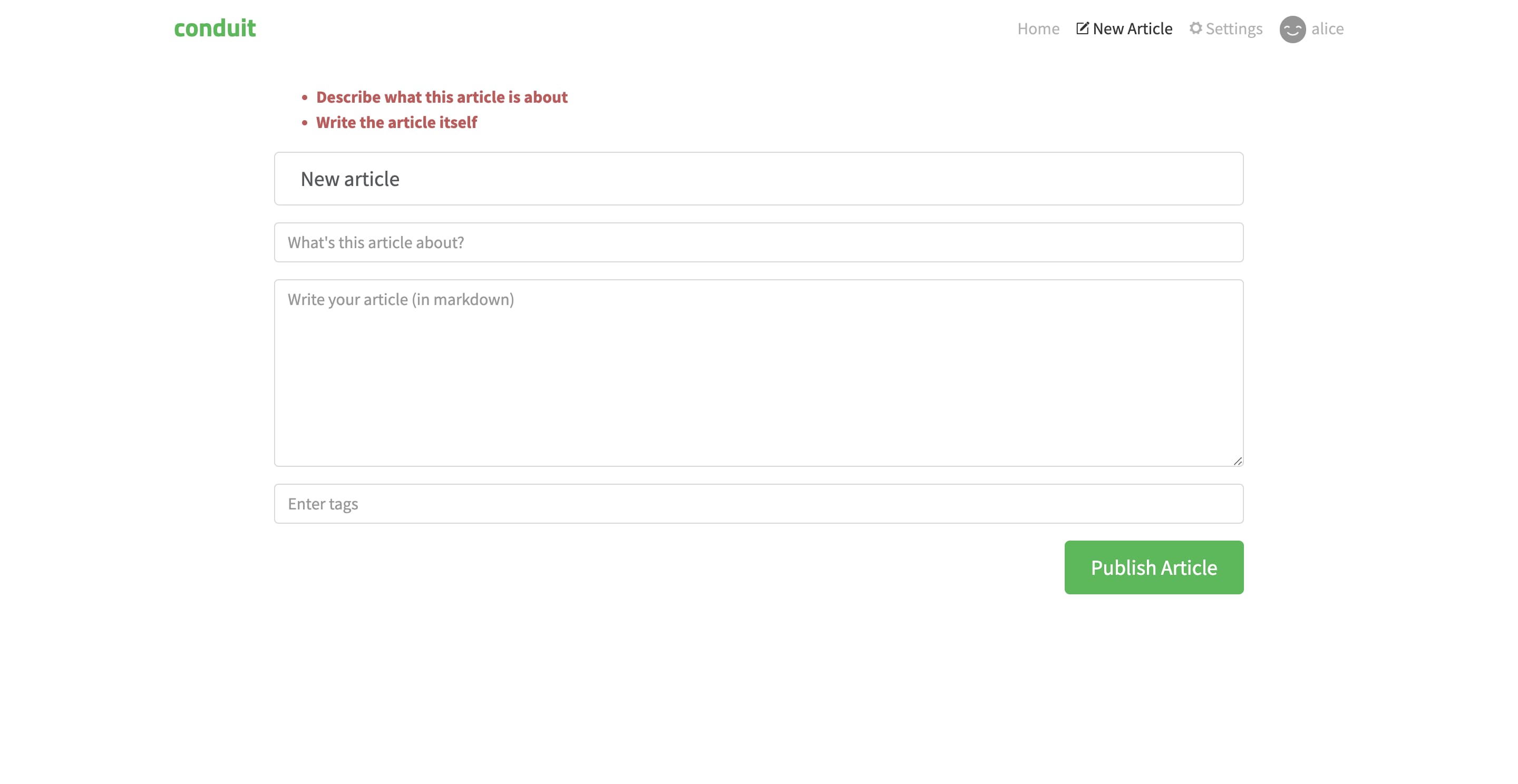 The Conduit article editor, with the title field saying &quot;New article&quot; and the rest of the fields empty. Above the form there are two errors: &quot;Describe what this article is about&quot; and &quot;Write the article itself&quot;.
